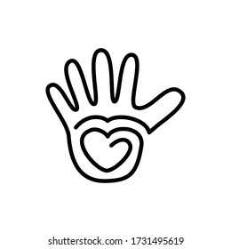 The palm of the right hand and the heart, one line. Logo template. Vector image isolated on a white background.