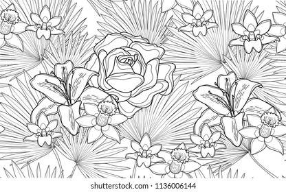 Palm, roses and hawaiian flowers. Big leaves and exotic flowers composition. Vector illustration. Botanical seamless wallpaper. Digital nature art. Cartoon style sketch. White background.