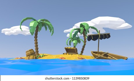 Palm, sand, sea and summer. Low poly. Vacation on a deserted tropical island