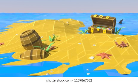Palm, sand, sea and summer. Low poly. Vacation on a deserted tropical island