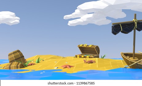 Palm, sand, sea and summer. Low poly. Vacation on a deserted tropical island