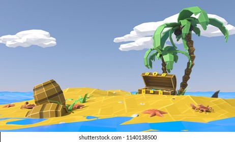 Palm, sand, sea and summer. Low poly. Vacation on a deserted tropical island