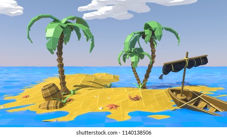 Palm, sand, sea and summer. Low poly. Vacation on a deserted tropical island