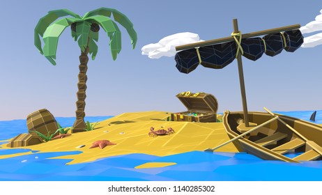 Palm, sand, sea and summer. Low poly. Vacation on a deserted tropical island