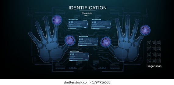 Palm scan with display on holographic HUD panels. Futuristic scan of human hands with HUD elements. Finger identification and scanning. Technology digital screen of the future