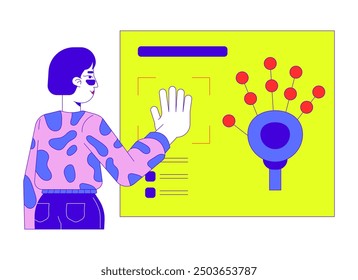 Palm scanning biometric identification cartoon flat illustration. Asian woman pressing hand print 2D character isolated on white background. Digital identity verification scene vector color image