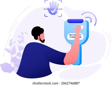 Palm Scanning flat illustration concept Identity Biometric Verification, dark blue, light blue, red color, minimal style, perfect for landing pages, templates, UI, web, mobile app, posters, banners, f