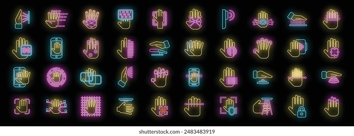 Palm scanning icons set outline vector. Biometric signature. Facial smartphone neon color on black