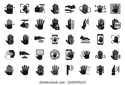 Palm scanning icons set simple vector. Biometric signature. Facial smartphone