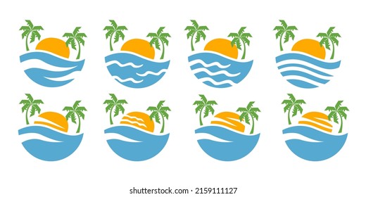 Palm sea beach circle logo. Summer holidays badges design, emblem set