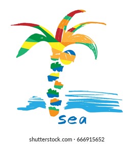 Palm, sea, beach, hand drawing, ink, brush