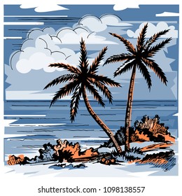 Palm and sea colored vector sketch. Summer beach. Two lonely palms and grass. Coconuts. Clouds on the horizon.