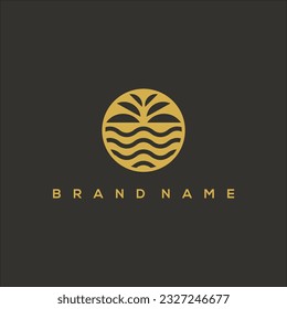 Palm and sea waves or lake circle logo vector