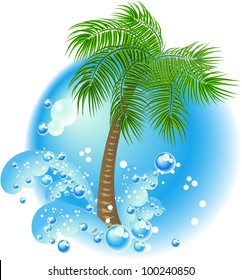 Palm and sea waves on the blue background