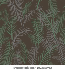 Palm seamless hand-drawn pattern with leaves on a brown background. Vector.