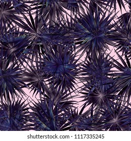 Palm Seamless Pattern. Blue Black Tropical Summer Background. Beach Jungle Leaves for Swimwear Design. Lei Rapport. Vintage Hawaiian Print. Exotic Texture. Botanic tiling.