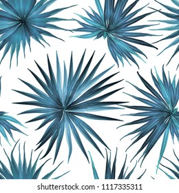 Palm Seamless Pattern. Blue White Tropical Summer Background. Beach Jungle Leaves for Swimwear Design. Lei Rapport. Vintage Hawaiian Print. Tropic Textile Texture.  Botanic tile.