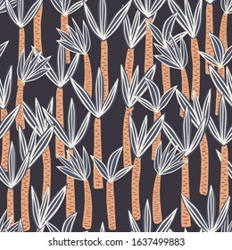 Palm seamless pattern in doodle style on black background. Endless print texture. Cute exotic hawaiian background. Design for fabric, textile print, wrapping paper. Vector illustration