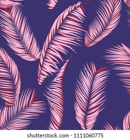 Palm Seamless Pattern. Exotic Leaves. Tropic Summer Background. Pink Vector Palm Branches. Realistic Jungle Foliage. Palm Seamless Background for Print, Cloth Design, Textile, Wallpaper, Wrapping.