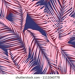 Palm Seamless Pattern. Exotic Leaves. Tropic Summer Background. Pink Vector Palm Branches. Realistic Jungle Foliage. Palm Seamless Background for Print, Cloth Design, Textile, Wallpaper, Wrapping.