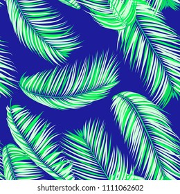 Palm Seamless Pattern. Exotic Leaves. Tropic Summer Background. Colorful Vector Palm Branches. Realistic Jungle Foliage. Palm Seamless Background for Print, Cloth Design, Textile, Wallpaper, Wrapping.