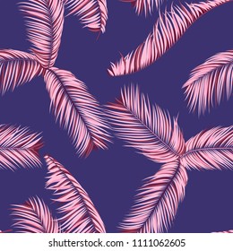 Palm Seamless Pattern. Exotic Leaves. Tropic Summer Background. Pink Vector Palm Branches. Realistic Jungle Foliage. Palm Seamless Background for Print, Cloth Design, Textile, Wallpaper, Wrapping.