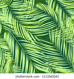 Palm Seamless Pattern. Exotic Leaves. Tropic Summer Background. Green Vector Palm Branches. Realistic Jungle Foliage. Palm Seamless Background for Print, Cloth Design, Textile, Wallpaper, Wrapping.