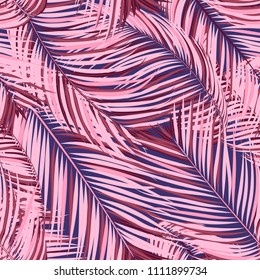 Palm Seamless Pattern. Exotic Leaves. Tropic Summer Background. Pink Vector Palm Branches. Realistic Jungle Foliage. Palm Seamless Background for Print, Cloth Design, Textile, Wallpaper, Wrapping.