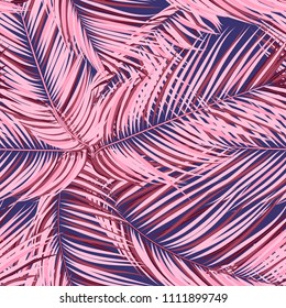 Palm Seamless Pattern. Exotic Leaves. Tropic Summer Background. Pink Vector Palm Branches. Realistic Jungle Foliage. Palm Seamless Background for Print, Cloth Design, Textile, Wallpaper, Wrapping.