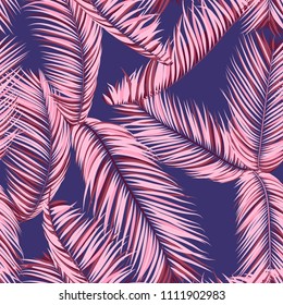 Palm Seamless Pattern. Exotic Leaves. Tropic Summer Background. Pink Vector Palm Branches. Realistic Jungle Foliage. Palm Seamless Background for Print, Cloth Design, Textile, Wallpaper, Wrapping.