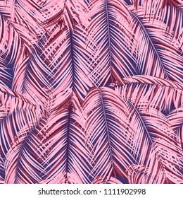Palm Seamless Pattern. Exotic Leaves. Tropic Summer Background. Pink Vector Palm Branches. Realistic Jungle Foliage. Palm Seamless Background for Print, Cloth Design, Textile, Wallpaper, Wrapping.
