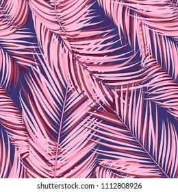 Palm Seamless Pattern. Exotic Leaves. Tropic Summer Background. Pink Vector Palm Branches. Realistic Jungle Foliage. Palm Seamless Background for Print, Cloth Design, Textile, Wallpaper, Wrapping.