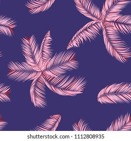 Palm Seamless Pattern. Exotic Leaves. Tropic Summer Background. Pink Vector Palm Branches. Realistic Jungle Foliage. Palm Seamless Background for Print, Cloth Design, Textile, Wallpaper, Wrapping.