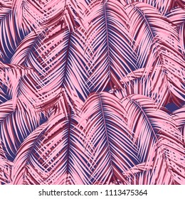 Palm Seamless Pattern. Exotic Leaves. Tropic Summer Background. Pink Vector Palm Branches. Realistic Jungle Foliage. Palm Seamless Background for Print, Cloth Design, Textile, Wallpaper, Wrapping.