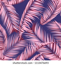 Palm Seamless Pattern. Exotic Leaves. Tropic Summer Background. Pink Vector Palm Branches. Realistic Jungle Foliage. Palm Seamless Background for Print, Cloth Design, Textile, Wallpaper, Wrapping.