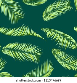 Palm Seamless Pattern. Exotic Leaves. Tropic Summer Background. Green Vector Palm Branches. Realistic Jungle Foliage. Palm Seamless Background for Print, Cloth Design, Textile, Wallpaper, Wrapping.