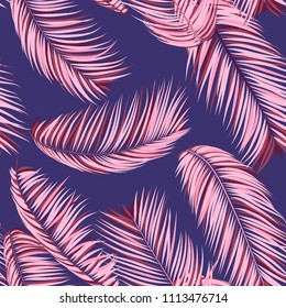 Palm Seamless Pattern. Exotic Leaves. Tropic Summer Background. Pink Vector Palm Branches. Realistic Jungle Foliage. Palm Seamless Background for Print, Cloth Design, Textile, Wallpaper, Wrapping.