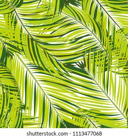 Palm Seamless Pattern. Exotic Leaves. Tropic Summer Background. Green Vector Palm Branches. Realistic Jungle Foliage. Palm Seamless Background for Print, Cloth Design, Textile, Wallpaper, Wrapping.