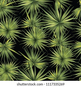 Palm Seamless Pattern. Green Black Tropical Summer Background. Beach Jungle Leaves for Swimwear Design. Lei Rapport. Retro Hawaiian Print. Tropic Textile Texture.  Botanic tile.