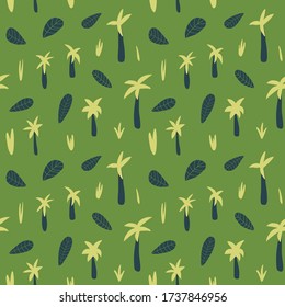 Patrón sin costura. Verde, ensalada y jungla amarilla con árboles, hojas, arbustos. Niños de verano impresión botánica para prendas de vestir, textiles, tela. EPS10, editable. 