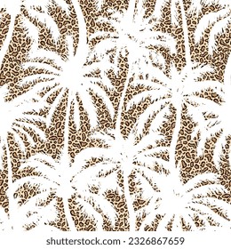 Palm seamless pattern. Leopard print. Repeated palm trees patern. Silhouette coconut tree. Animal spot modern background. Repeating design. Summer prints. Repeat coconuts palmtree. Vector illustration