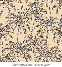 Palm seamless pattern. Leopard print. Repeated palm trees patern. Silhouette coconut tree. Animal spot modern background. Repeating design. Summer prints. Repeat coconuts palmtree. Vector illustration