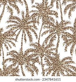 Palm seamless pattern. Leopard print. Repeated palm trees patern. Silhouette coconut tree. Animal spot modern background. Repeating design. Summer prints. Repeat coconuts palmtree. Vector illustration