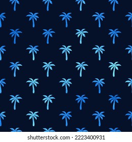 Patrón sin costura. Patrona repetida de palmeras. Árbol de coco sobre fondo azul. Textura tropical repetitiva para impresiones de diseño. Repita los cocos palmeras. Fondo Palmetto. Ilustración del vector