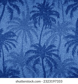 Palm seamless pattern. Repeated palm trees patern. Silhouette coconut tree. Denim beach background. Repeating tropical texture for design summer prints. Repeat coconuts palmtree. Vector illustration svg