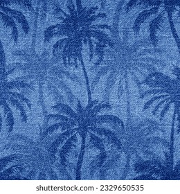 Palm seamless pattern. Repeated palm trees patern. Silhouette coconut tree. Denim beach background. Repeating tropical texture for design summer prints. Repeat coconuts palmtree. Vector illustration