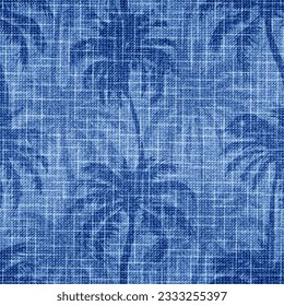 Palm seamless pattern. Repeated palm trees patern. Silhouette coconut tree. Denim beach background. Repeating tropical texture for design summer prints. Repeat coconuts palmtree. Vector illustration