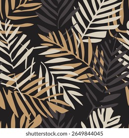 Palmeira padrão sem emenda de folhas de palma estilizadas em tons pastel em um fundo escuro. As plantas tropicais sombras de criar um projeto botânico em camadas. Natureza exótica infinitas folhas vetor ilustração.