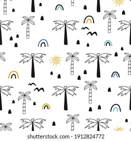 Palm seamless pattern with sun and rainbow on white background. Tropical rainforest background. Great for fabric and textile, backgrounds.