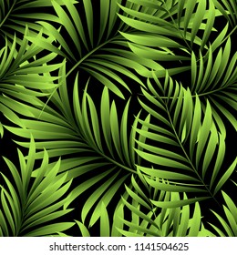 Palm. Seamless pattern from tropical plant leaves on a black background. Jungle. Vector Wallpapers.